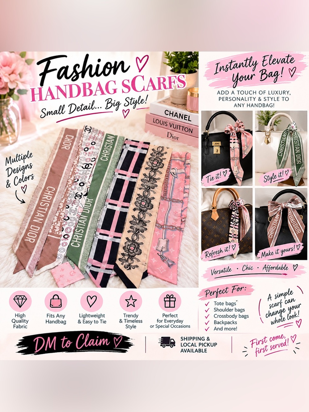 Dior Pink, Green & Beige Handbag Scarves Set